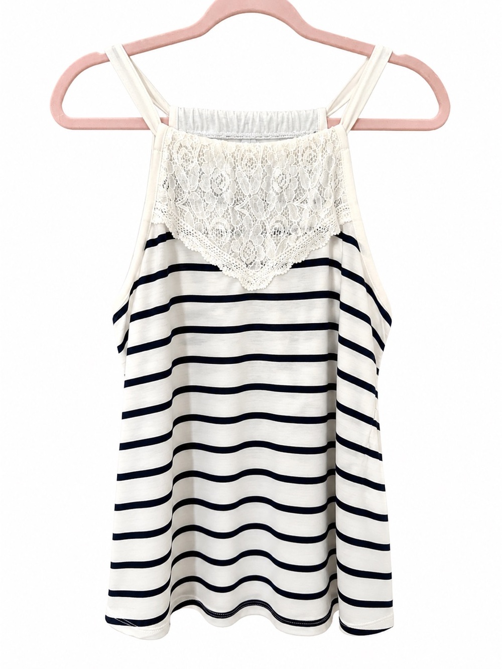Vanity White and Navy Striped Lace-Accent Cami